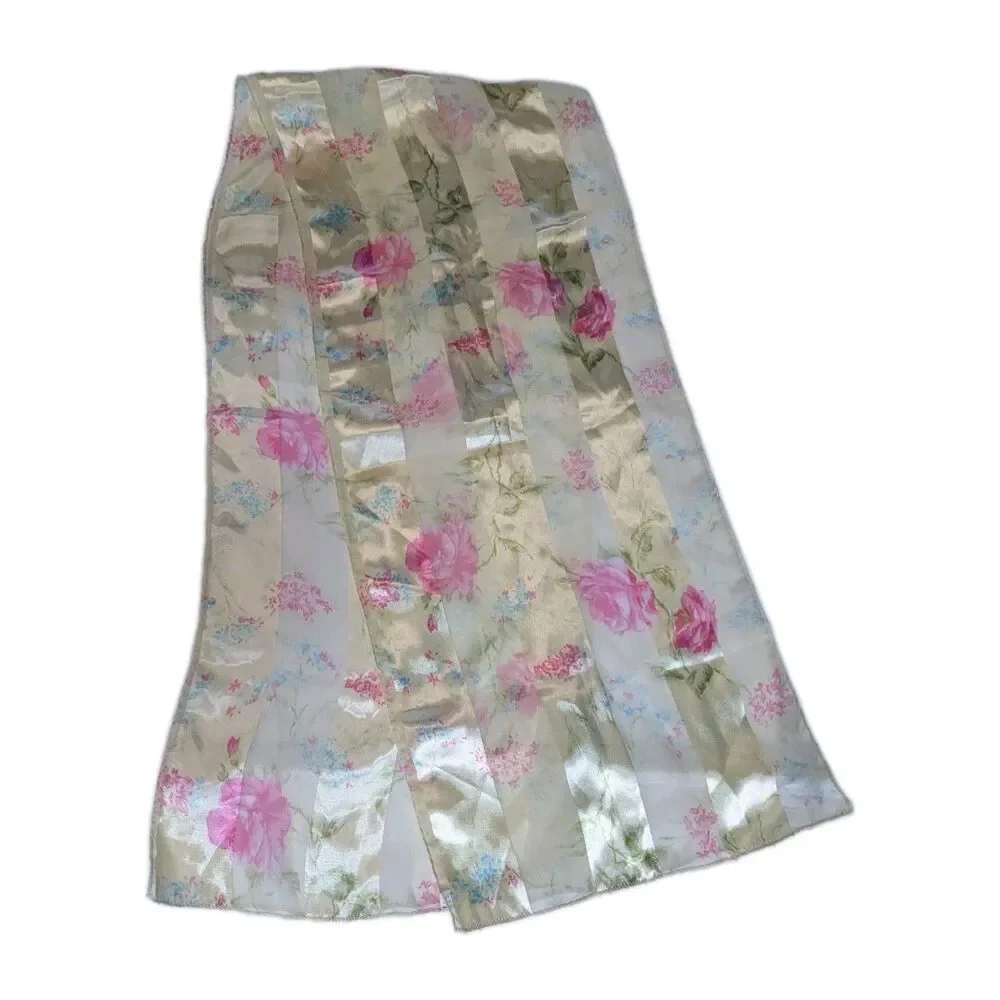 Vintage 80s Floral Satin Stripe Scarf Pink Roses Sheer Long Wrap Made in Korea - Picture 3 of 9